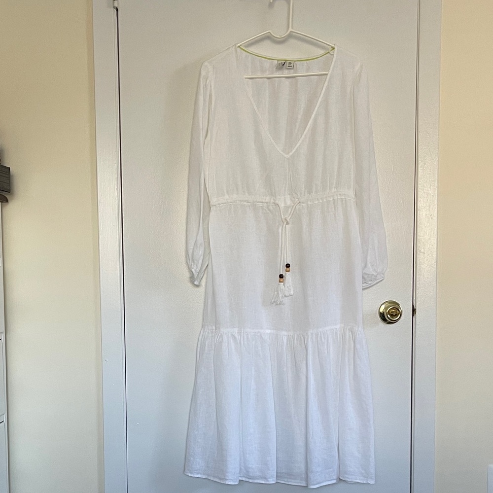 Joie White V-Neck Lightweight Linen Top with Lime Trim